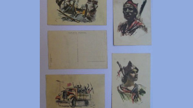 Postcards of Estampas de la Revolución by Sim. Printed in Barcelona, 1936. .‘Sim’ was the pseudonym of José Luis Rey Vila, a Spanish artist who travelled with the Republican militias after the immediate outbreak of the rebellion in July 1936, drawing scenes of the war as he went. Born in 1910, Sim trained at the Escuela de Belles Artes (School of Fine Arts) in Barcelona and became radicalised as a soldier during the Rif War in Morocco in the 1920s. His civil war sketches were published as Estampas de la Revolución Española 19 Julio de 1936 by the anarchist CNT-FAI, and became the most widely known art of the civil war until Pablo Picasso’s Guernica in 1937. Editions were printed in Spanish, French and English, and distributed worldwide to raise awareness and funds for the Spanish antifascist movement. Estampas was followed by a new series of drawings, 12 Escenas de Guerra, which were also released as calendars and postcards during 1937-38. In addition, Sim created posters for the Catalan regional government (Generalitat), and exhibitions of his work were held in London and New York under the auspices of the Spanish Popular Front. After the war, he was exiled to Paris and continued to produce artwork, this time under his real name (Rey Vila). He died in 1983.Morris Brodie is a historian working on international anarchism during the Spanish Civil War.
https://qub.academia.edu/MorrisBrodie
https://www.qub.ac.uk/schools/happ/Research/PhDResearchStudents/PhDResearchStudentProfiles/MorrisBrodie-studentprofile/