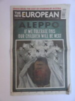 Front page of New European newspaper (December 2016) which adapts the famous Republican poster from Spanish Civil War to demand action on Syria.
